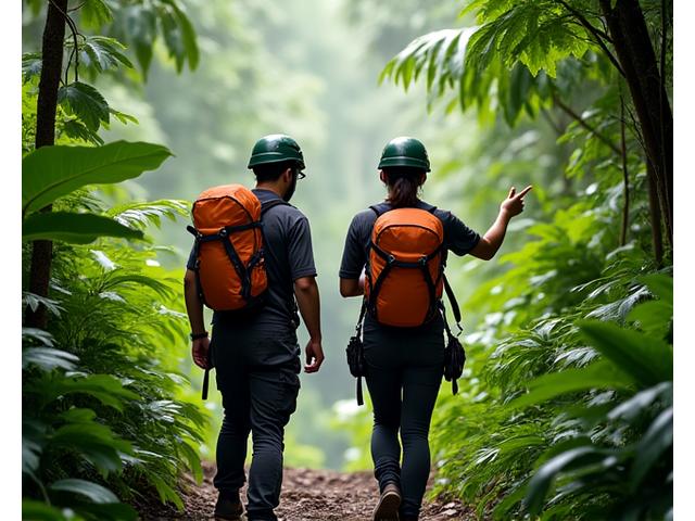 エコツーリズムツアーの参加者が、専門ガイドの指示のもと安全装備を身につけて熱帯雨林を進む様子。安心感を強調する構図。