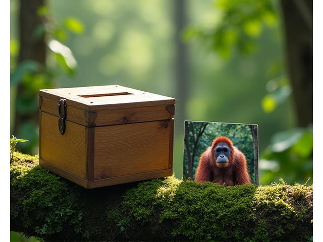 緑豊かな熱帯雨林の中で木の葉に囲まれた募金箱。その横には保護された動物の写真が飾られている。