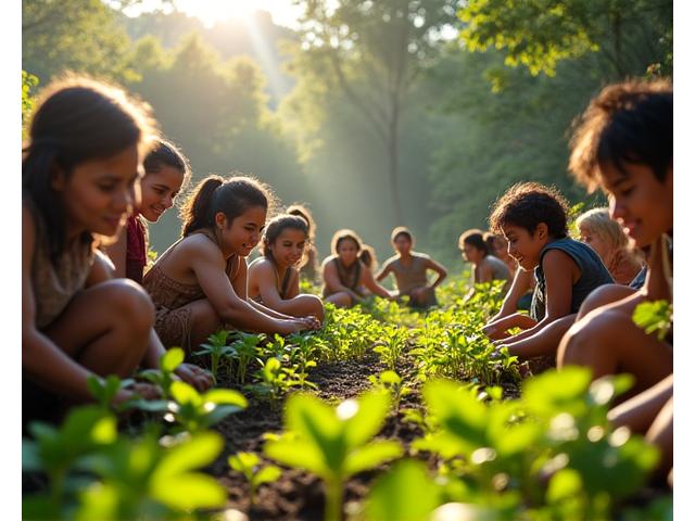 地元住民と専門家が協力し、植林活動を行っている様子。笑顔で苗木を植え、持続可能な未来への貢献を象徴。