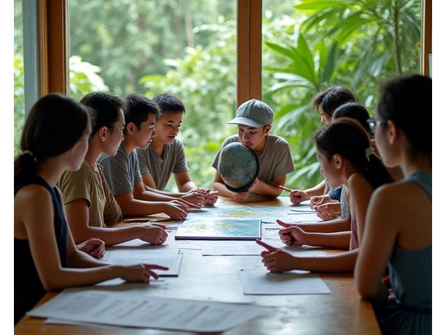複数の国の研究者と現地スタッフが協力し、熱帯雨林の生態系調査を行っている様子。地球儀と図面がテーブルに広げられている。