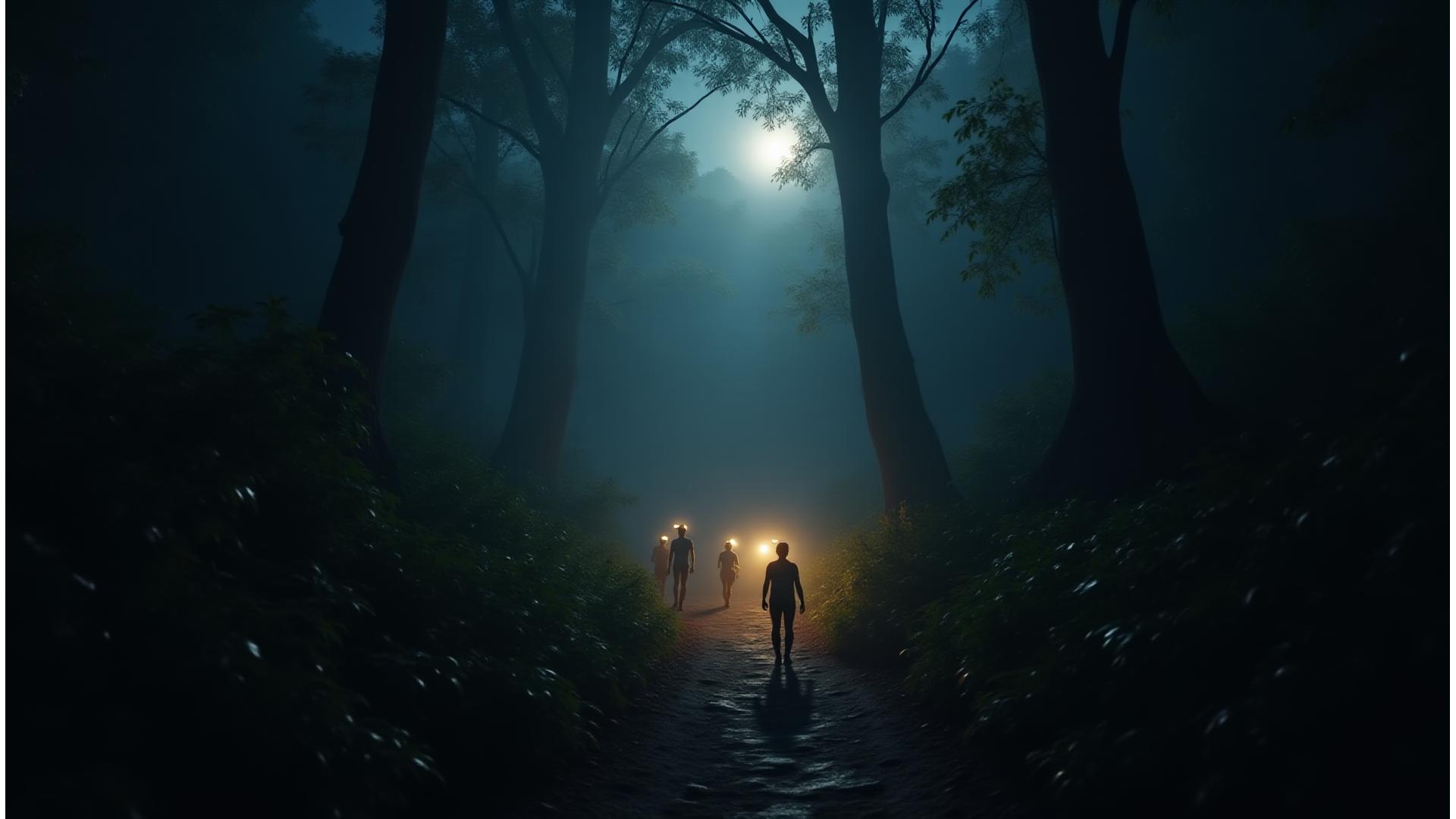 月明かりの下、深い森の道をヘッドライトを付けて進む少人数のエクスプローラー。木々のシルエットが神秘的。