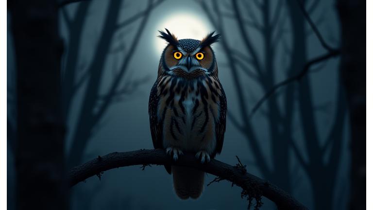 暗闇の森の中で大きな目を輝かせ、止まり木にじっと座っているフクロウ。わずかな光がその顔を照らしている。