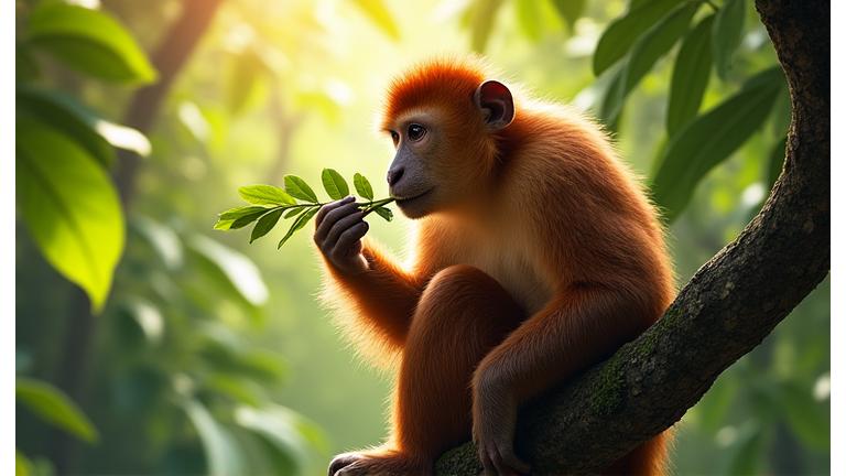 熱帯雨林の木の上で特徴的な大きな鼻を持つテングザルが葉を食べている。背景は緑豊かな森。