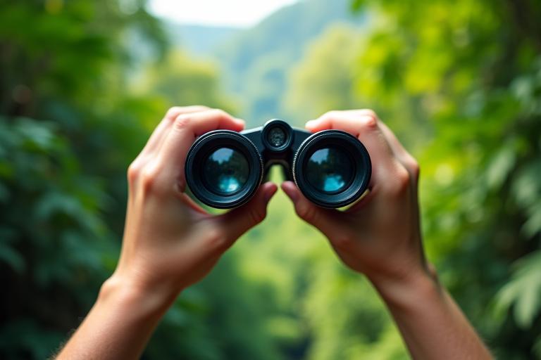 熱帯雨林の中で高性能な双眼鏡を構え、遠くの鳥を観察している人物の手元。