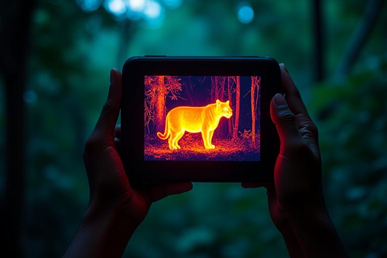 暗闇の森で赤外線カメラを使用し、木々の間に隠れる夜行性動物の熱源を捉えている様子。